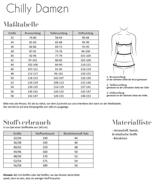 Maßtabelle und Stoffverbrauch Papierschnittmuster - Shirt Chilly von Fadenkäfer